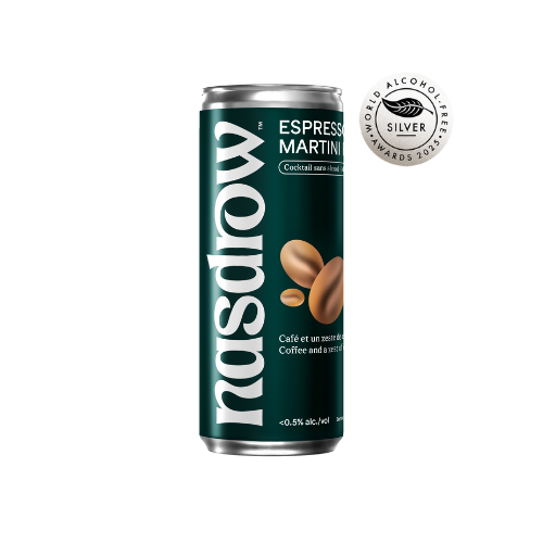 Nasdrow Espresso Martini Kick analcolico 0,5%, lattina con chicchi di caffè e distintivo premio per l'eccellenza.
