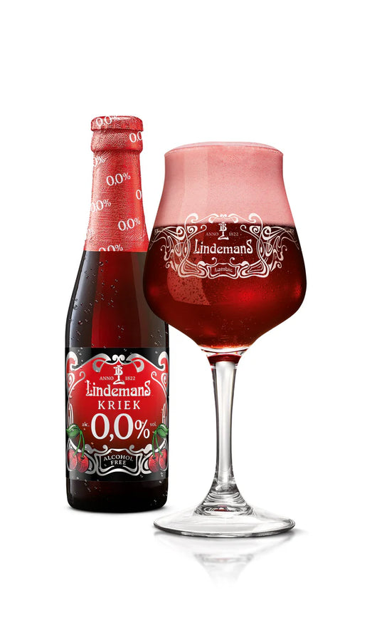 Lindemans Kriek Birra analcolica 0,0% servita in bicchiere, evidenziando il suo colore rosso ciliegia.
