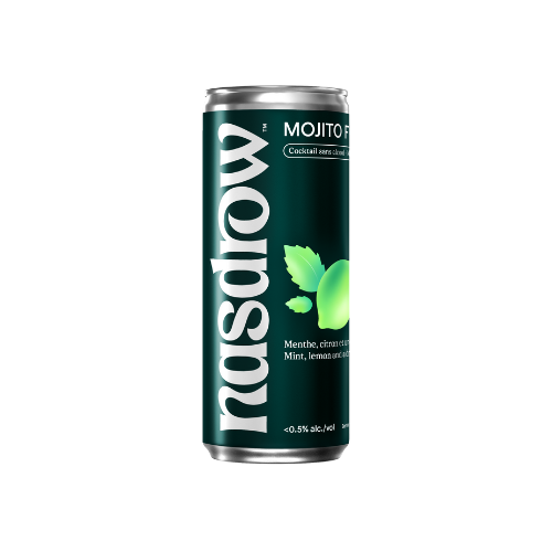 Lattina di Nasdrow Mojito Fusion analcolica al gusto di menta e agrumi, gradazione alcolica 0,5%.