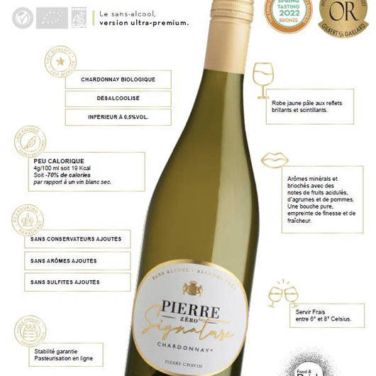Pierre Zéro Signature Chardonnay vino bianco analcolico 0,5% biologico Sanzalc, cantina analcolica per adulti disinibiti